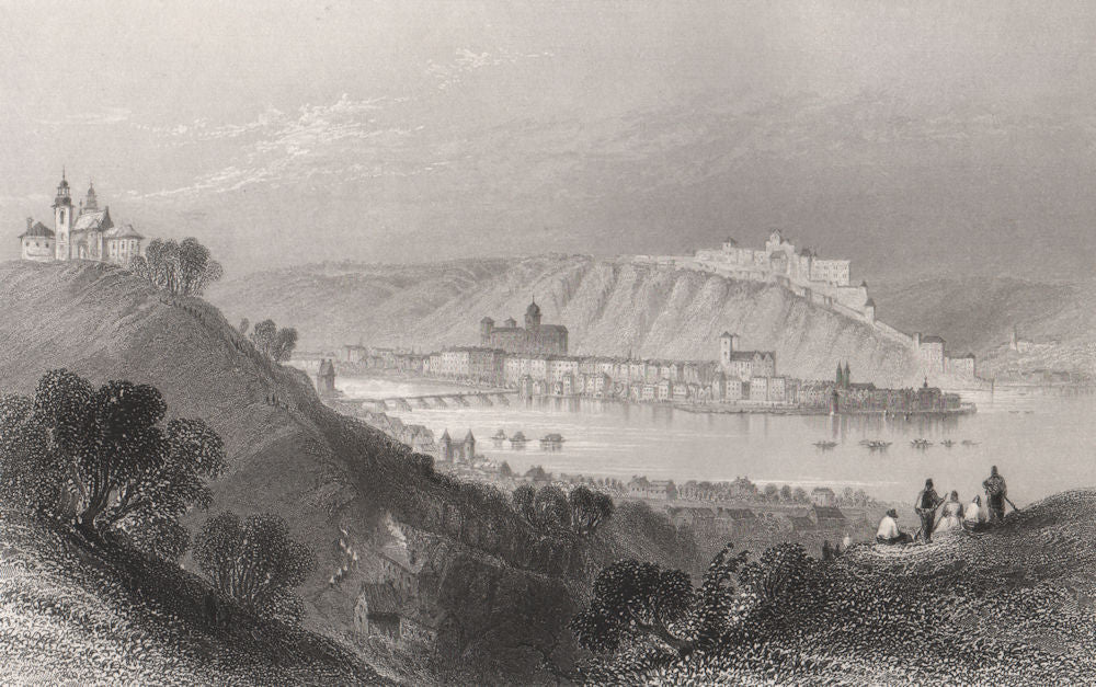 Paulinerkloster Mariahilf, river Inn, Passau, Bavaria. Danube Donau 1840 print